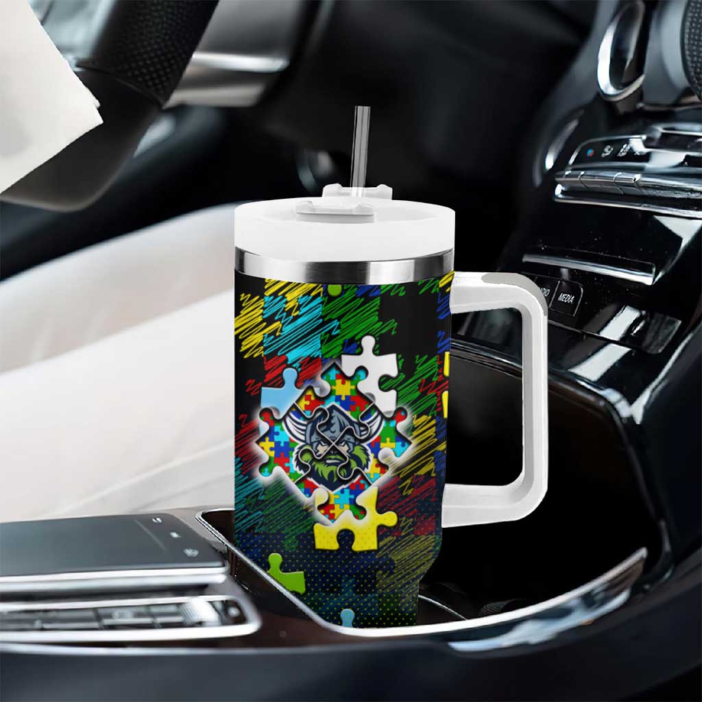 Raiders Autism Awareness Tumbler With Handle Puzzle Flames Rugby Ball