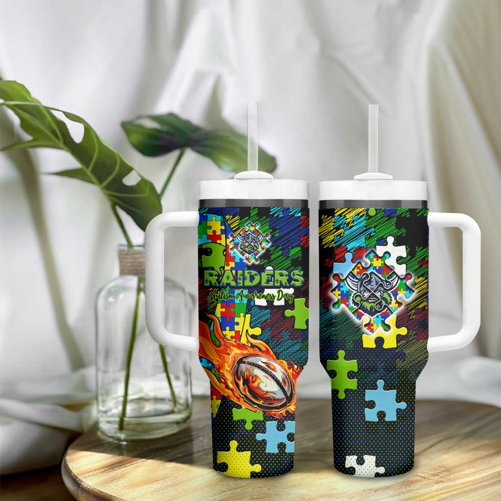 Raiders Autism Awareness Tumbler With Handle Puzzle Flames Rugby Ball