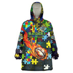 Raiders Autism Awareness Wearable Blanket Hoodie Puzzle Flames Rugby Ball
