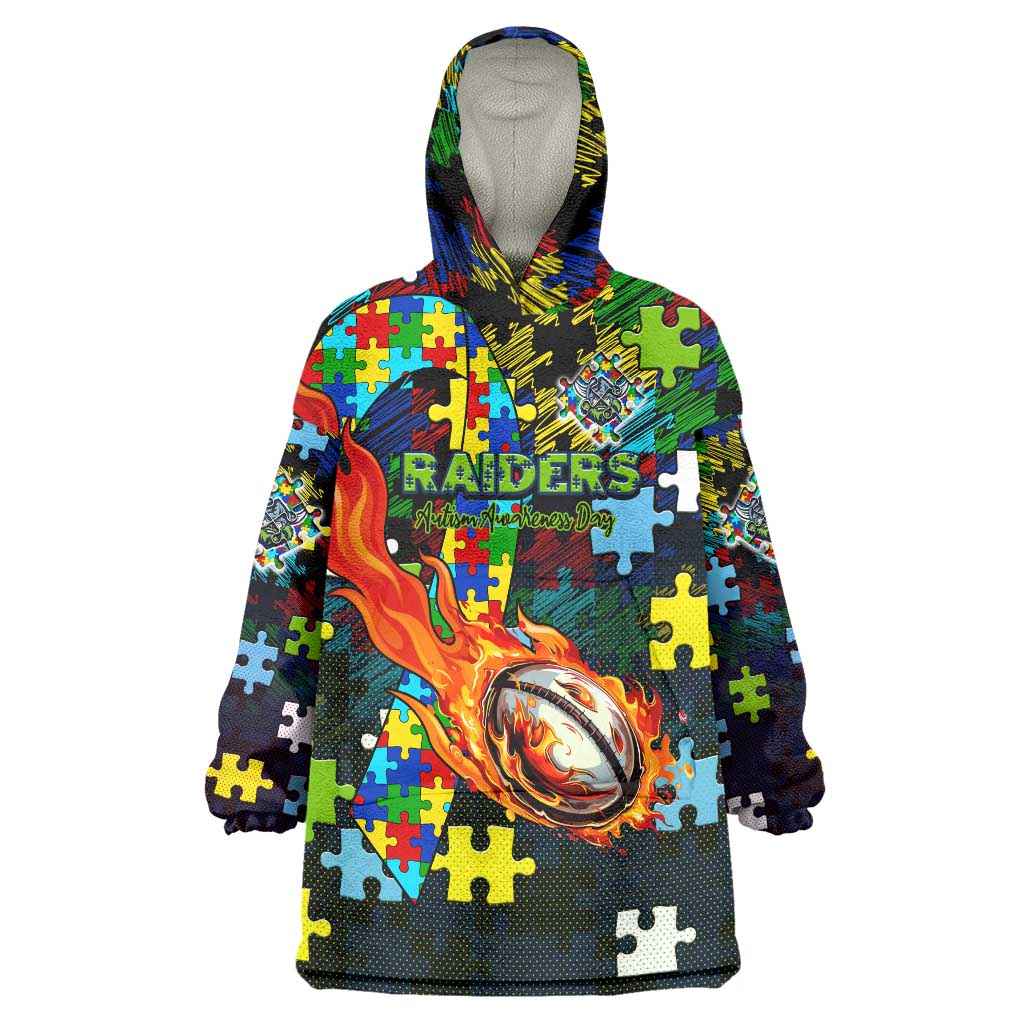Raiders Autism Awareness Wearable Blanket Hoodie Puzzle Flames Rugby Ball