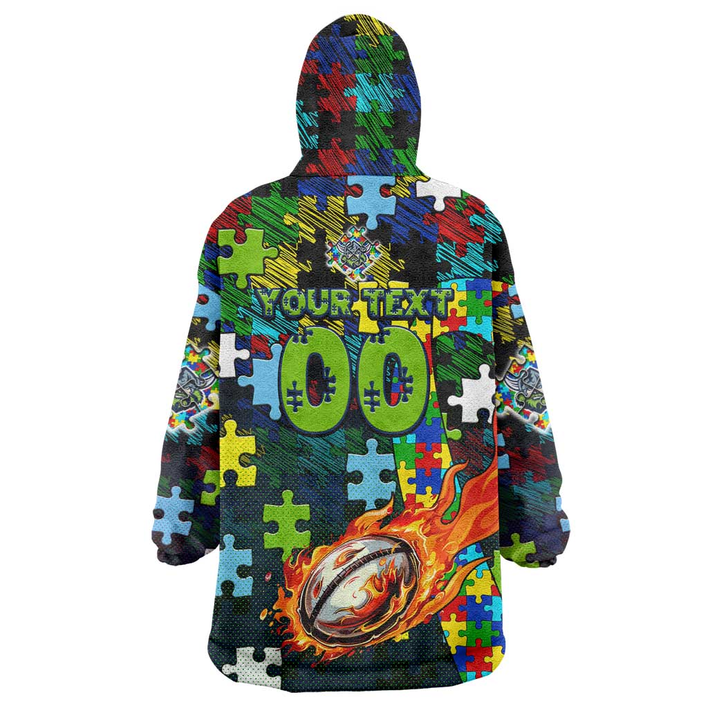 Raiders Autism Awareness Wearable Blanket Hoodie Puzzle Flames Rugby Ball