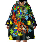 Raiders Autism Awareness Wearable Blanket Hoodie Puzzle Flames Rugby Ball