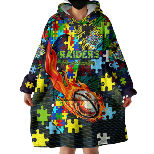 Raiders Autism Awareness Wearable Blanket Hoodie Puzzle Flames Rugby Ball