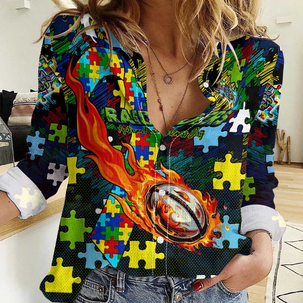 Raiders Autism Awareness Women Casual Shirt Puzzle Flames Rugby Ball