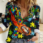 Raiders Autism Awareness Women Casual Shirt Puzzle Flames Rugby Ball