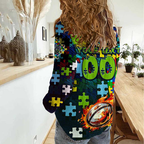 Raiders Autism Awareness Women Casual Shirt Puzzle Flames Rugby Ball