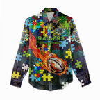 Raiders Autism Awareness Women Casual Shirt Puzzle Flames Rugby Ball