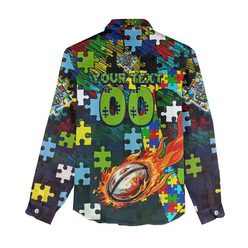 Raiders Autism Awareness Women Casual Shirt Puzzle Flames Rugby Ball