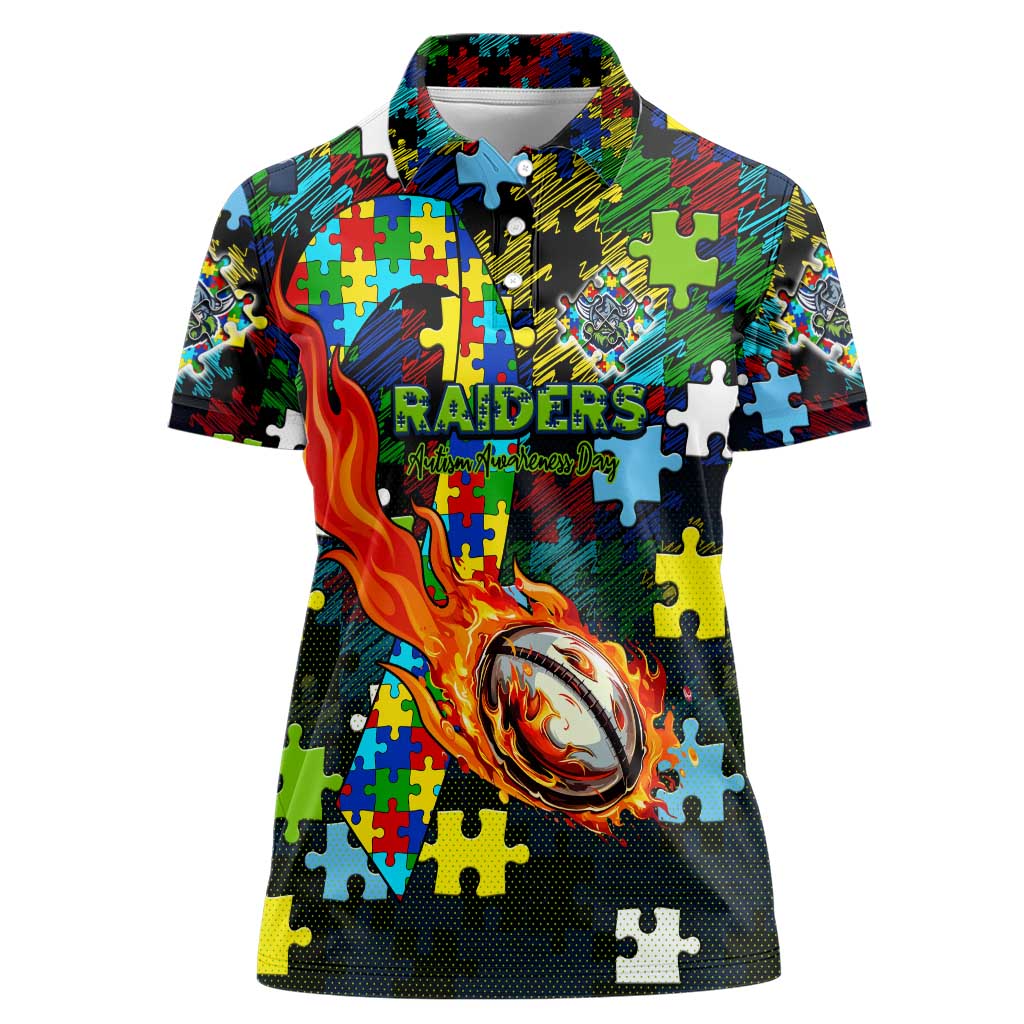 Raiders Autism Awareness Women Polo Shirt Puzzle Flames Rugby Ball