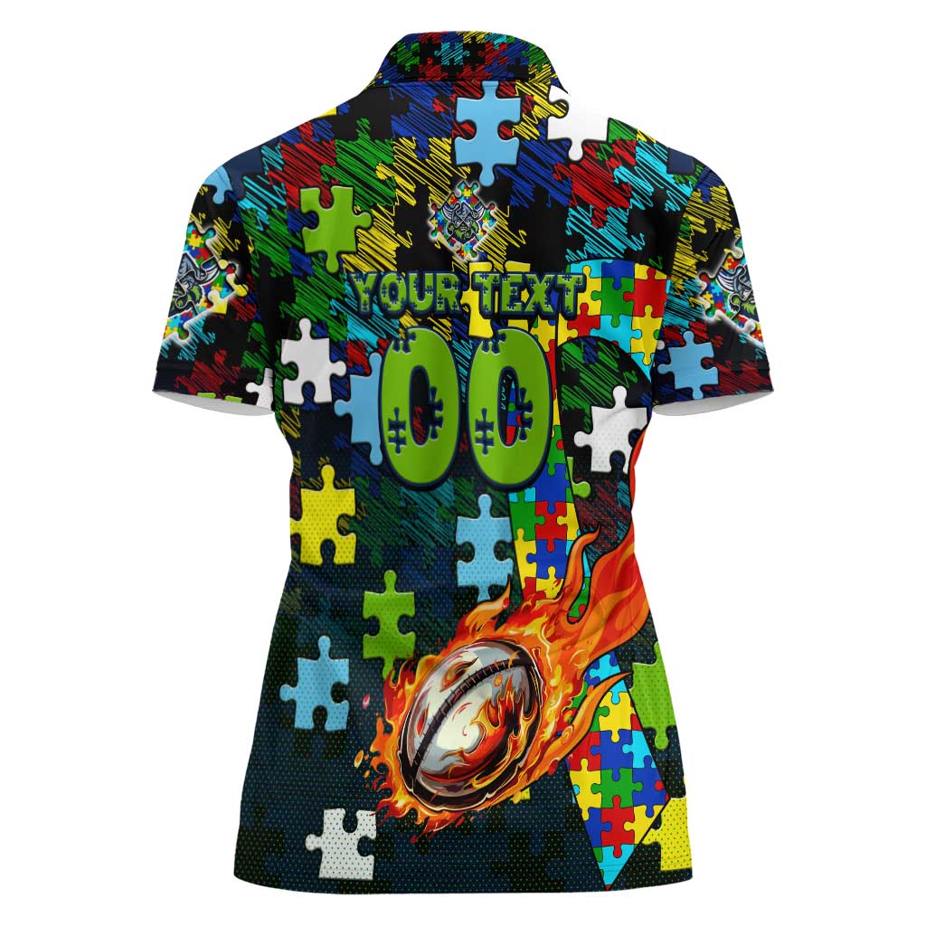 Raiders Autism Awareness Women Polo Shirt Puzzle Flames Rugby Ball
