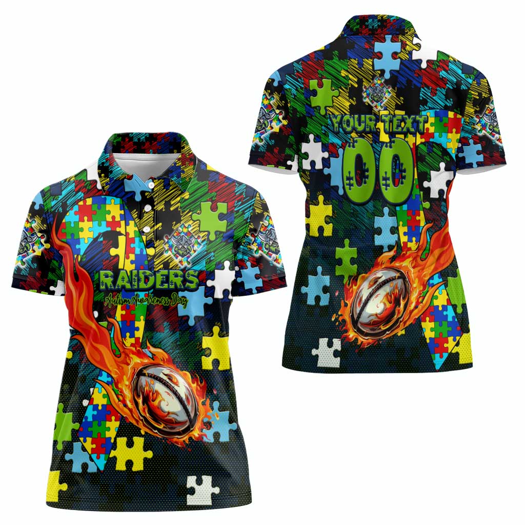 Raiders Autism Awareness Women Polo Shirt Puzzle Flames Rugby Ball