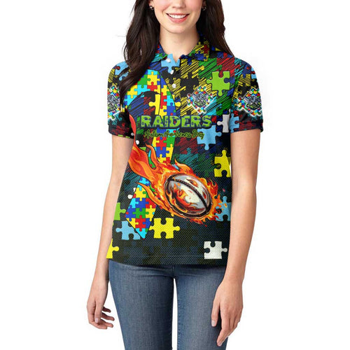 Raiders Autism Awareness Women Polo Shirt Puzzle Flames Rugby Ball