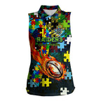 Raiders Autism Awareness Women Sleeveless Polo Shirt Puzzle Flames Rugby Ball
