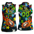 Raiders Autism Awareness Women Sleeveless Polo Shirt Puzzle Flames Rugby Ball