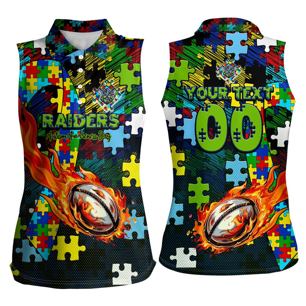 Raiders Autism Awareness Women Sleeveless Polo Shirt Puzzle Flames Rugby Ball