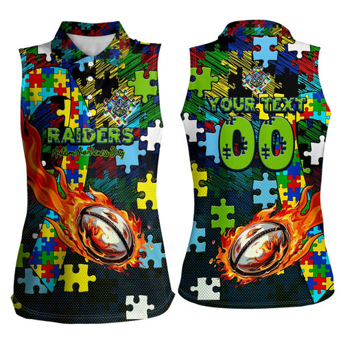 Raiders Autism Awareness Women Sleeveless Polo Shirt Puzzle Flames Rugby Ball