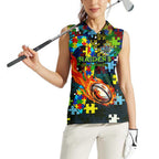 Raiders Autism Awareness Women Sleeveless Polo Shirt Puzzle Flames Rugby Ball