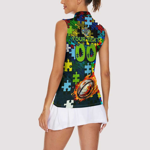 Raiders Autism Awareness Women Sleeveless Polo Shirt Puzzle Flames Rugby Ball