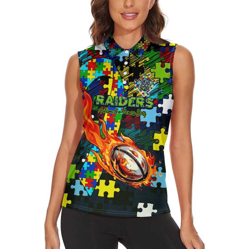 Raiders Autism Awareness Women Sleeveless Polo Shirt Puzzle Flames Rugby Ball