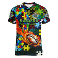 Raiders Autism Awareness Women V-Neck T-Shirt Puzzle Flames Rugby Ball