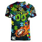 Raiders Autism Awareness Women V-Neck T-Shirt Puzzle Flames Rugby Ball