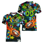 Raiders Autism Awareness Women V-Neck T-Shirt Puzzle Flames Rugby Ball