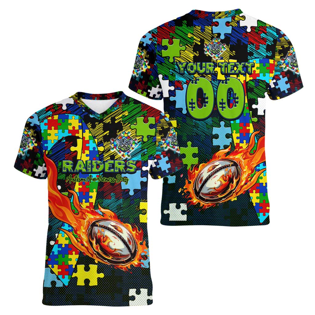 Raiders Autism Awareness Women V-Neck T-Shirt Puzzle Flames Rugby Ball