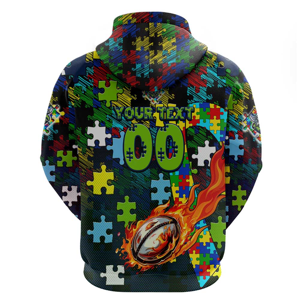 Raiders Autism Awareness Zip Hoodie Puzzle Flames Rugby Ball