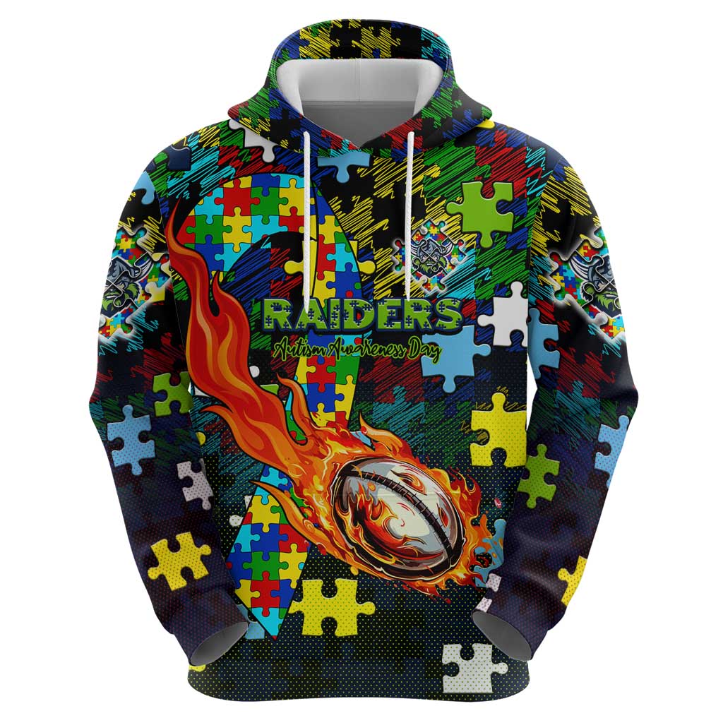 Raiders Autism Awareness Zip Hoodie Puzzle Flames Rugby Ball