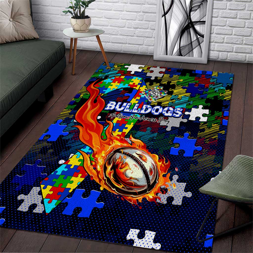 Bulldogs Autism Awareness Area Rug Puzzle Flames Rugby Ball