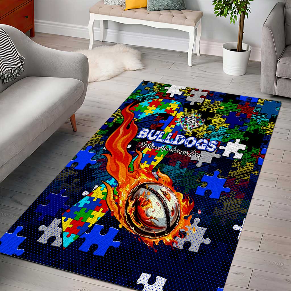 Bulldogs Autism Awareness Area Rug Puzzle Flames Rugby Ball