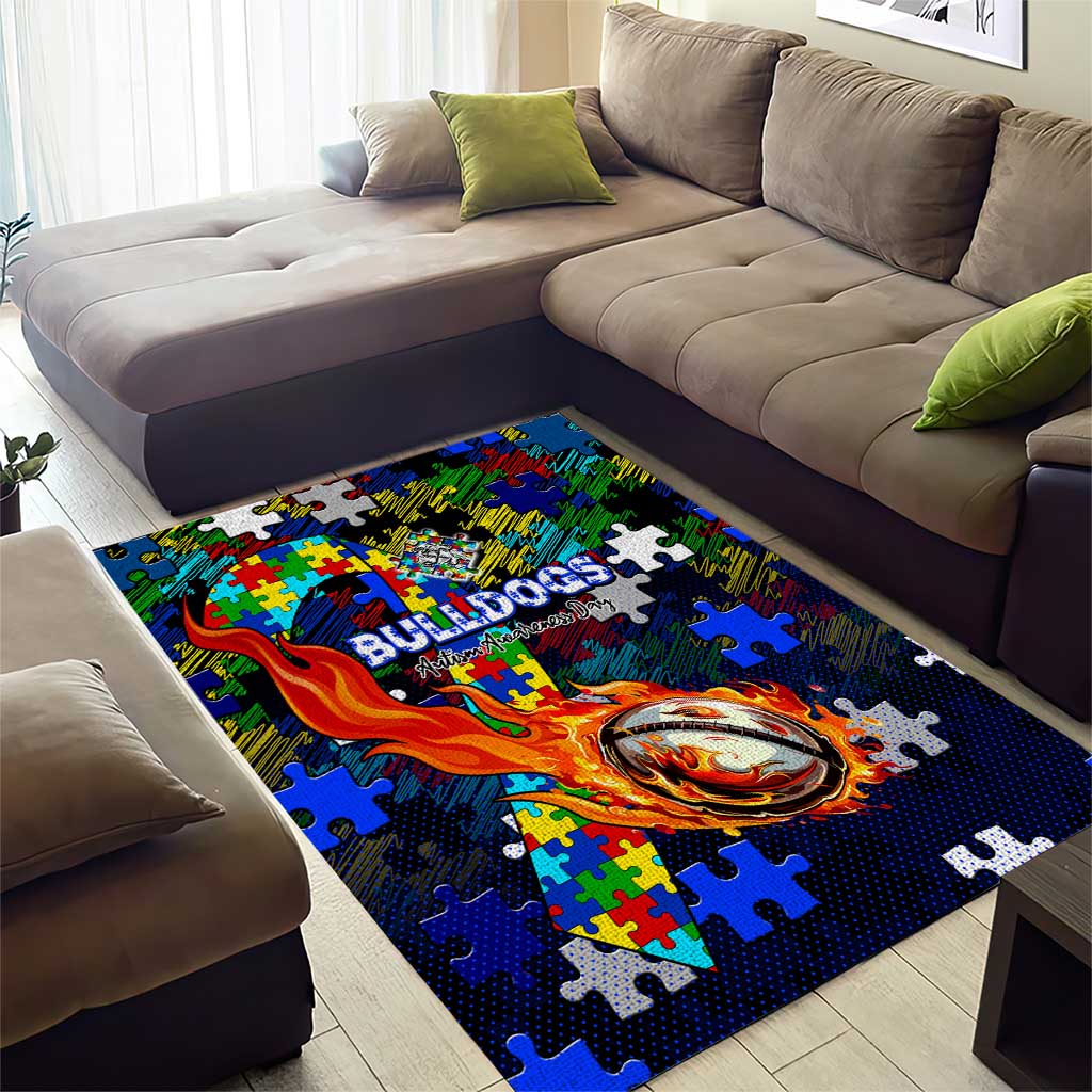 Bulldogs Autism Awareness Area Rug Puzzle Flames Rugby Ball