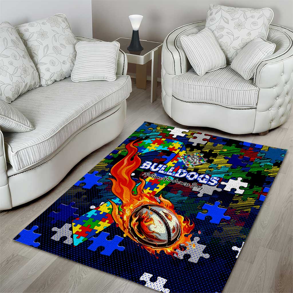 Bulldogs Autism Awareness Area Rug Puzzle Flames Rugby Ball