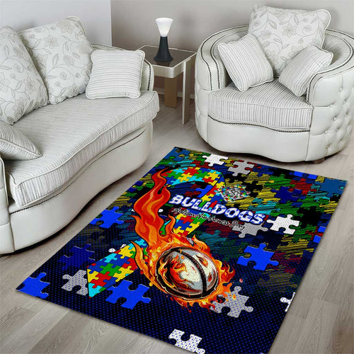 Bulldogs Autism Awareness Area Rug Puzzle Flames Rugby Ball