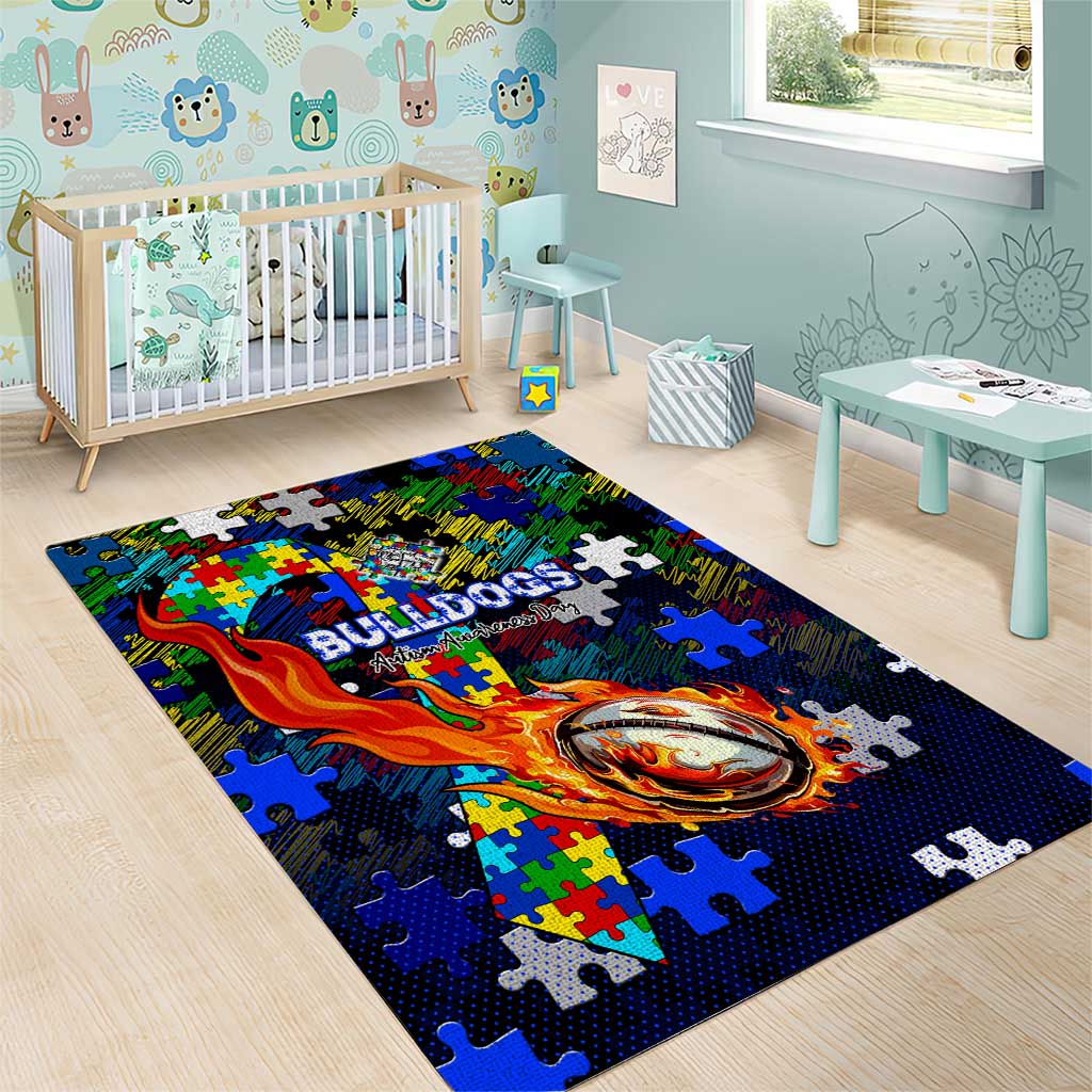 Bulldogs Autism Awareness Area Rug Puzzle Flames Rugby Ball