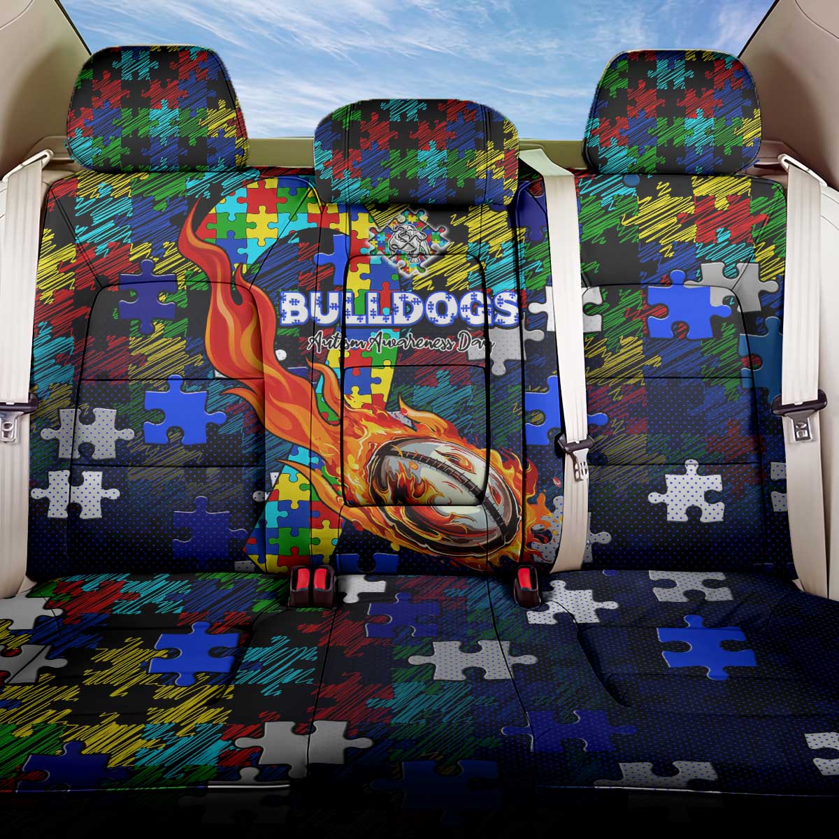 Bulldogs Autism Awareness Back Car Seat Cover Puzzle Flames Rugby Ball
