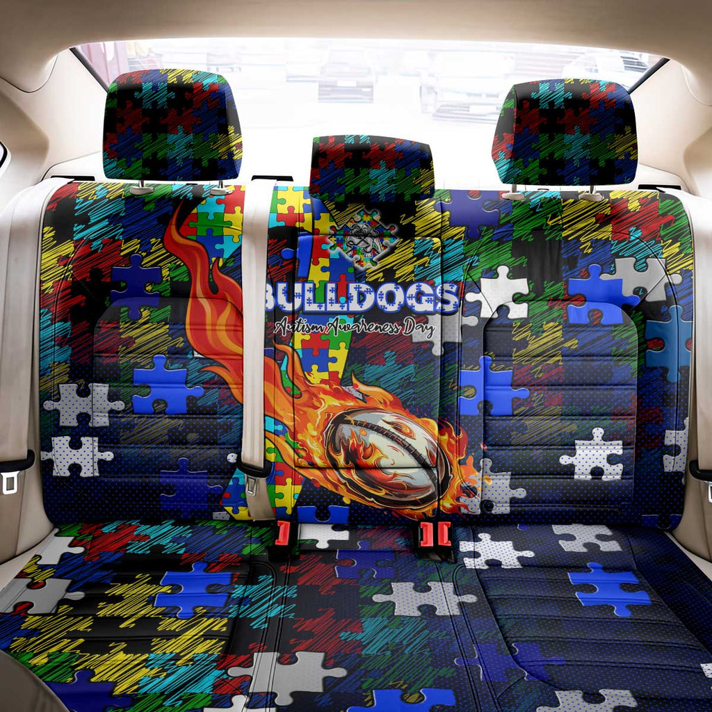 Bulldogs Autism Awareness Back Car Seat Cover Puzzle Flames Rugby Ball