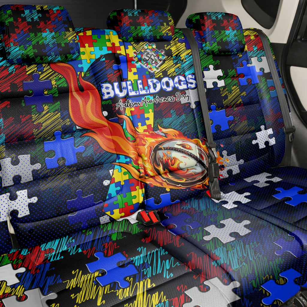 Bulldogs Autism Awareness Back Car Seat Cover Puzzle Flames Rugby Ball