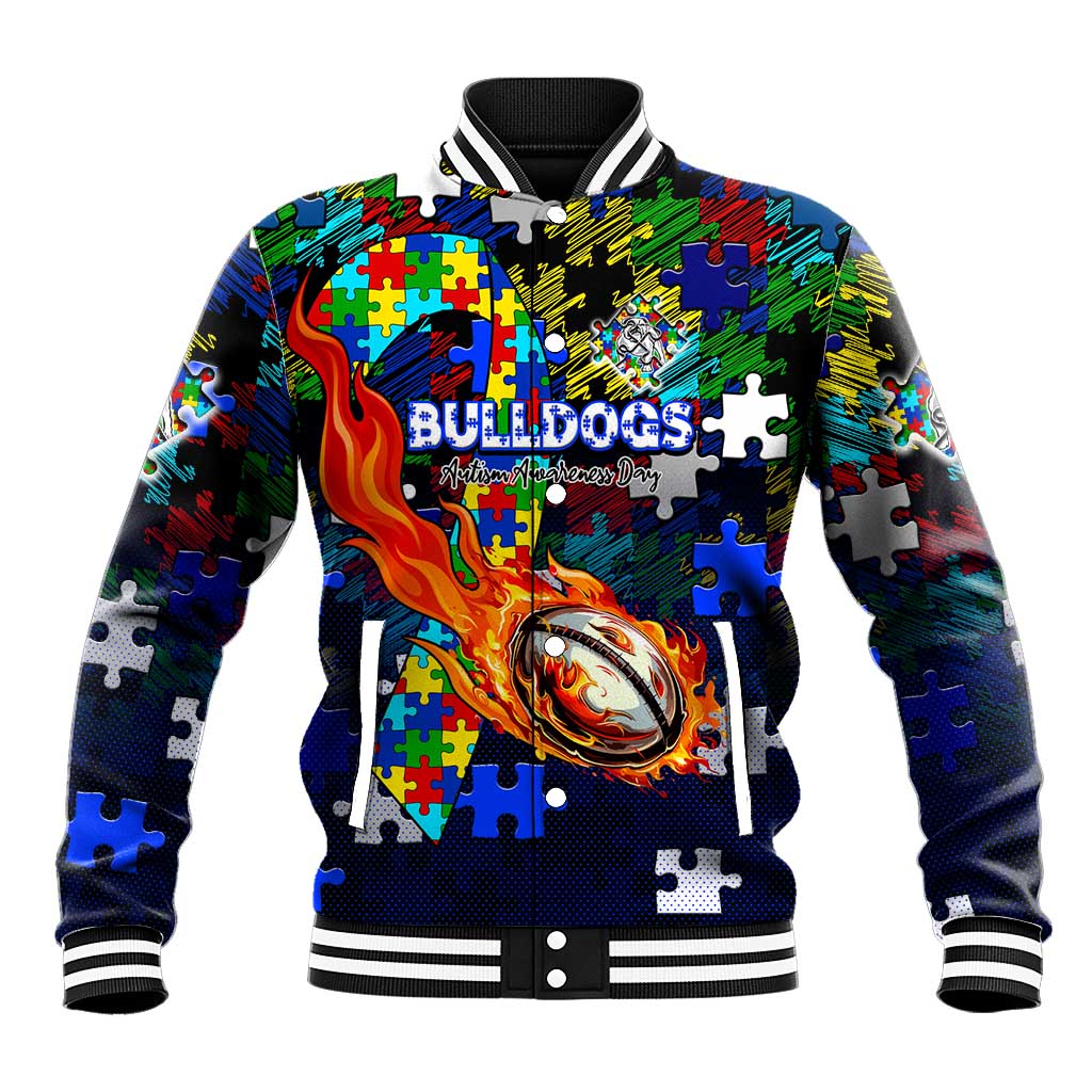 Bulldogs Autism Awareness Baseball Jacket Puzzle Flames Rugby Ball