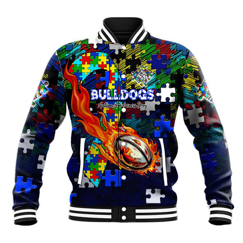 Bulldogs Autism Awareness Baseball Jacket Puzzle Flames Rugby Ball