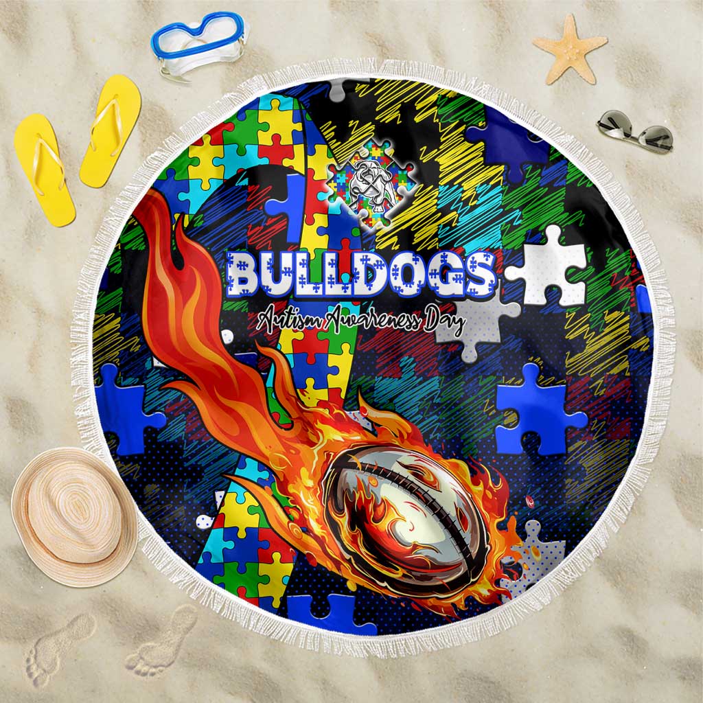 Bulldogs Autism Awareness Beach Blanket Puzzle Flames Rugby Ball