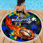 Bulldogs Autism Awareness Beach Blanket Puzzle Flames Rugby Ball