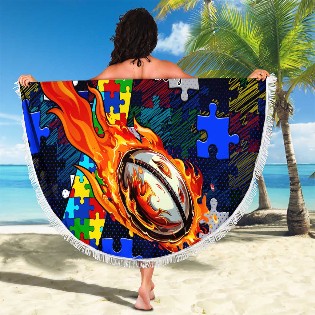 Bulldogs Autism Awareness Beach Blanket Puzzle Flames Rugby Ball
