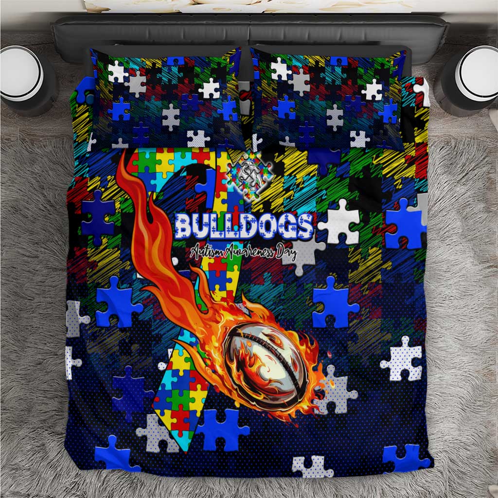 Bulldogs Autism Awareness Bedding Set Puzzle Flames Rugby Ball