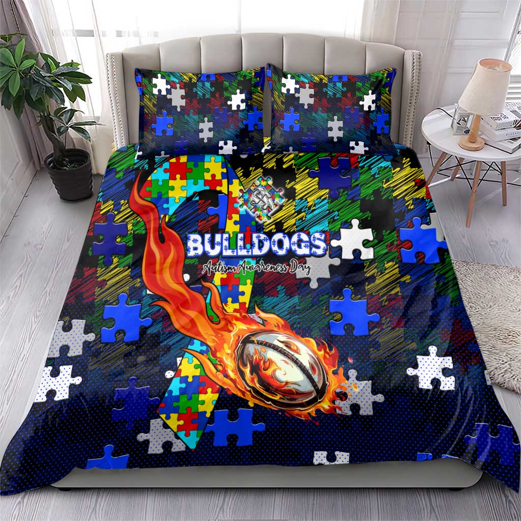 Bulldogs Autism Awareness Bedding Set Puzzle Flames Rugby Ball