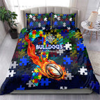 Bulldogs Autism Awareness Bedding Set Puzzle Flames Rugby Ball