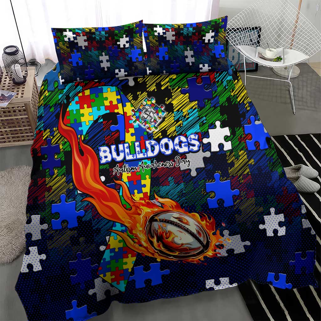 Bulldogs Autism Awareness Bedding Set Puzzle Flames Rugby Ball