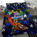 Bulldogs Autism Awareness Bedding Set Puzzle Flames Rugby Ball