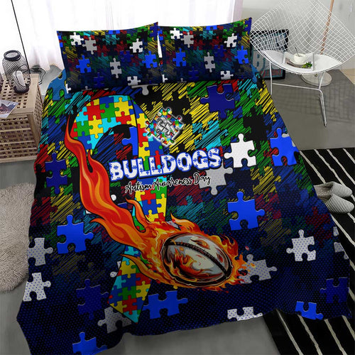 Bulldogs Autism Awareness Bedding Set Puzzle Flames Rugby Ball