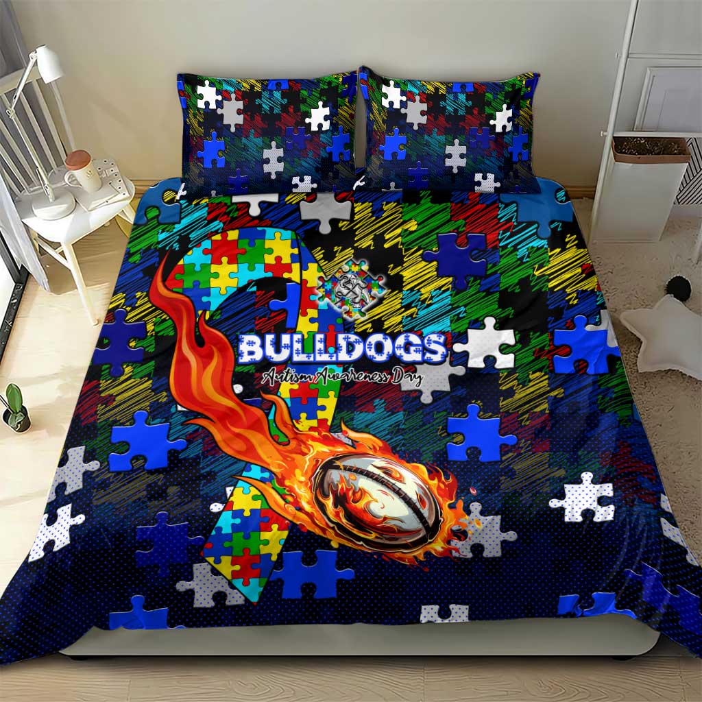 Bulldogs Autism Awareness Bedding Set Puzzle Flames Rugby Ball